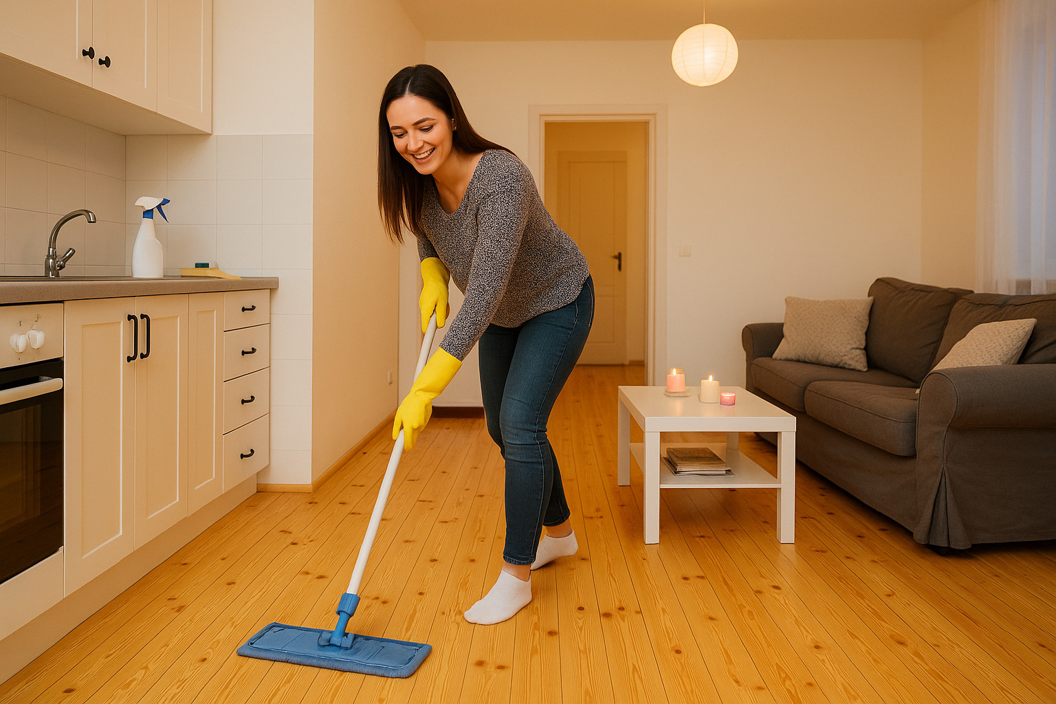 Wood Floor Sanding aftercare on pine floorboards (softwood tongue-and-groove): homeowner mopping a freshly restored kitchen–living room floor.