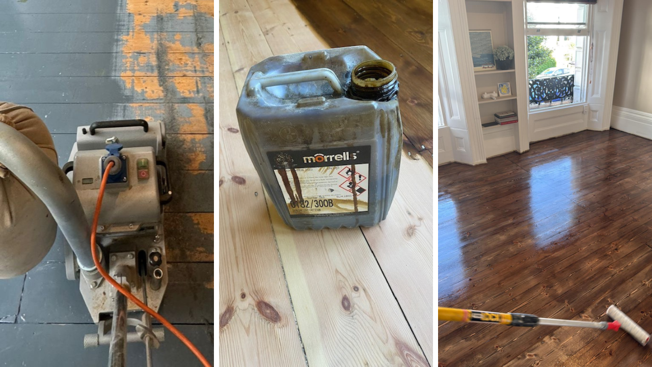 Wood Floor Sanding process on Victorian pine floorboards (softwood tongue-and-groove): paint removal, freshly sanded boards with stain can, and a roller applying the final coat.
