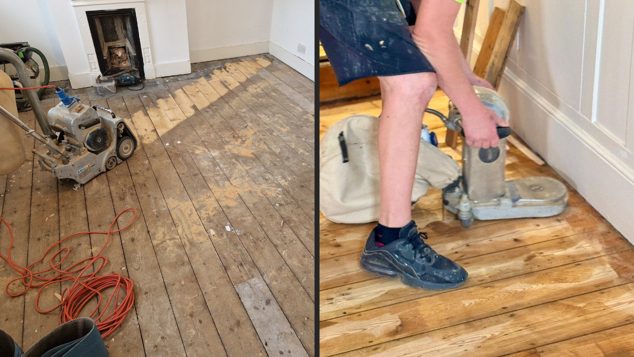Wood Floor Sanding on Victorian pine softwood floorboards, with belt sander on the main area and edging sander used along the room perimeter.