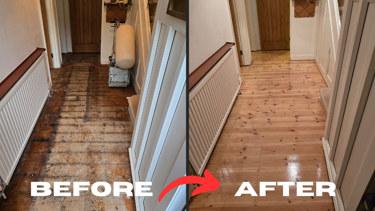 Wood floor sanding before and after on hallway softwood pine floorboards, showing dramatic restoration and glossy finish.