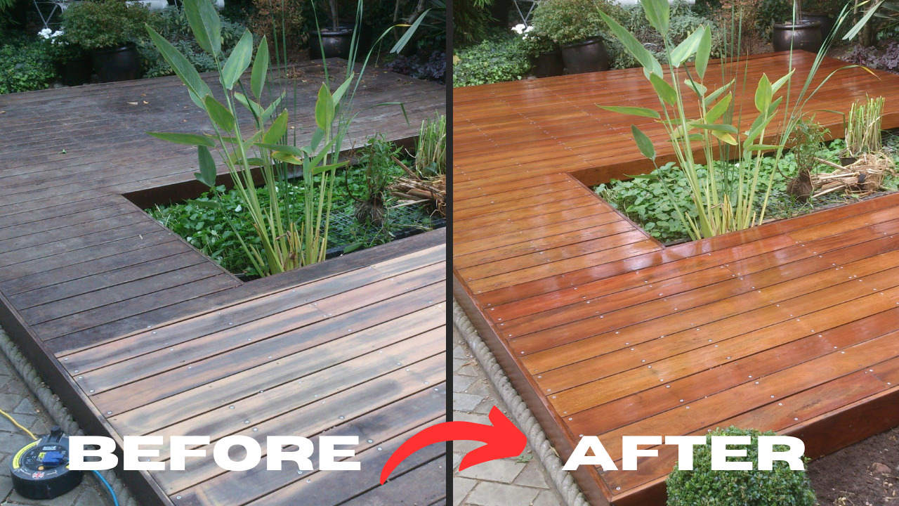 Deck Sanding in City – before and after transformation of a weathered hardwood garden deck into a smooth, richly coloured safety-treated timber surface around a central planter.