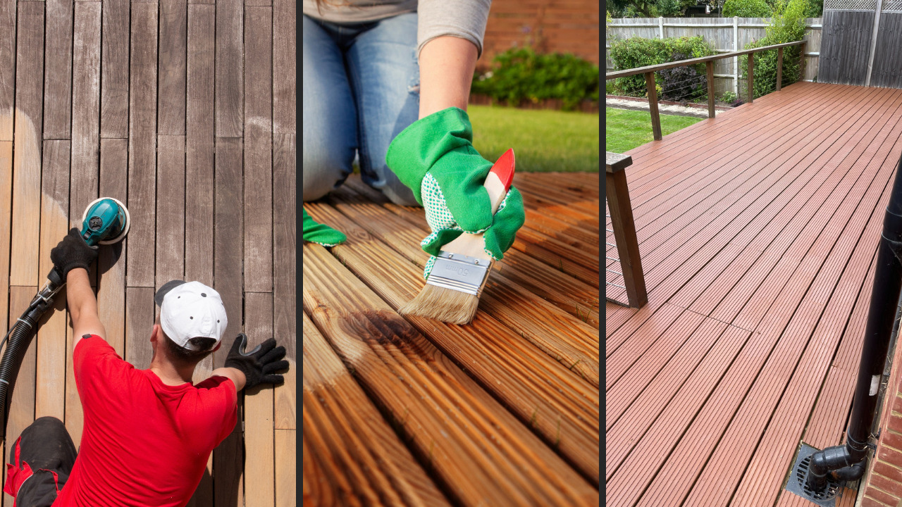 Deck Sanding in City – stages of restoring a softwood garden decking floor from sanding and oiling to a fully renewed, slip-resistant timber deck.