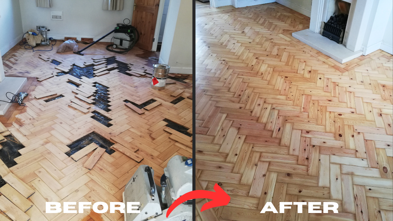 Before and after Parquet Floor Restoration on a herringbone pine parquet floor, showing damaged wooden blocks repaired, sanded and restored to a smooth natural finish.
