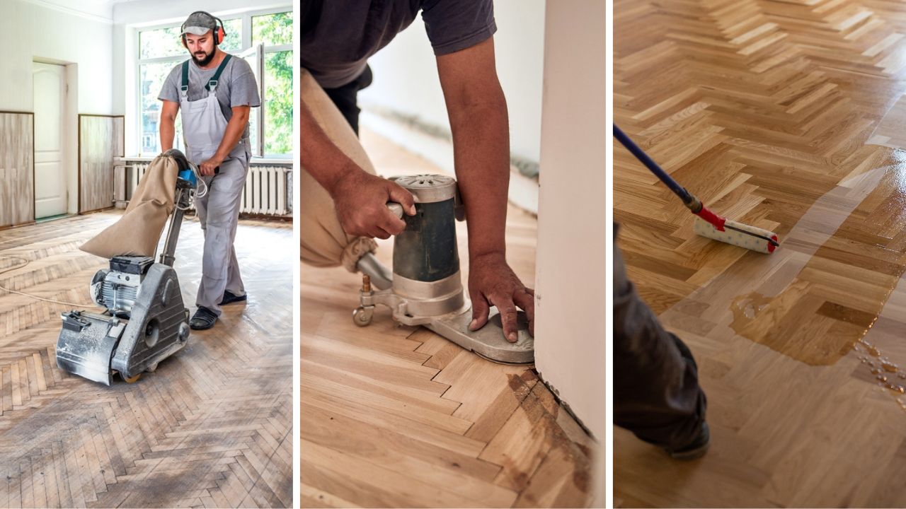 Parquet Floor Restoration on an oak herringbone parquet floor, showing sanding, edge detailing and finishing during the full restoration process.